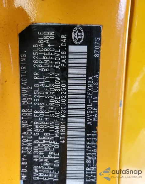 2012 Toyota Camry Hybrid z USA, uszkodzony, nr VIN 4T1BD1FK3CU022501